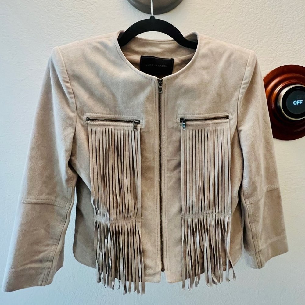 BCBG MaxAzria Fringe "REISS" Faux Suede Jacket